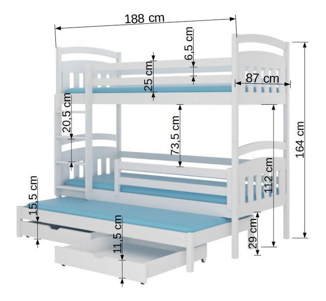 Pat etajat pentru copii 180x80 cm Aladar (cu somieră și saltea) (Alb)