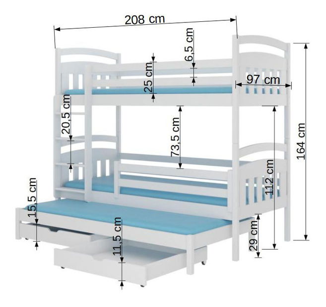Pat etajat pentru copii 200x90 cm Aladar (cu somieră și saltea) (Alb)