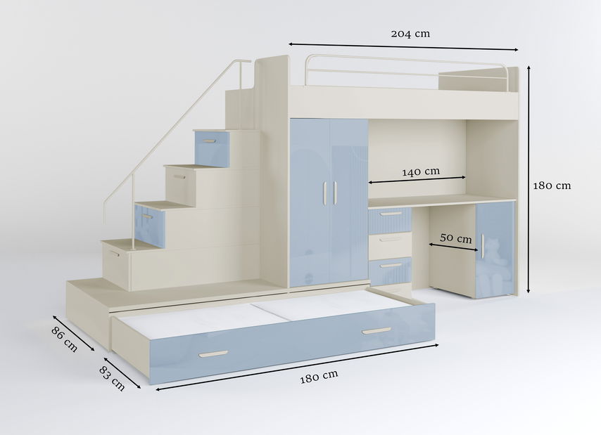 Pat pentru copii Ruby V (cașmir + albastru deschis lucios) (cu somiere)