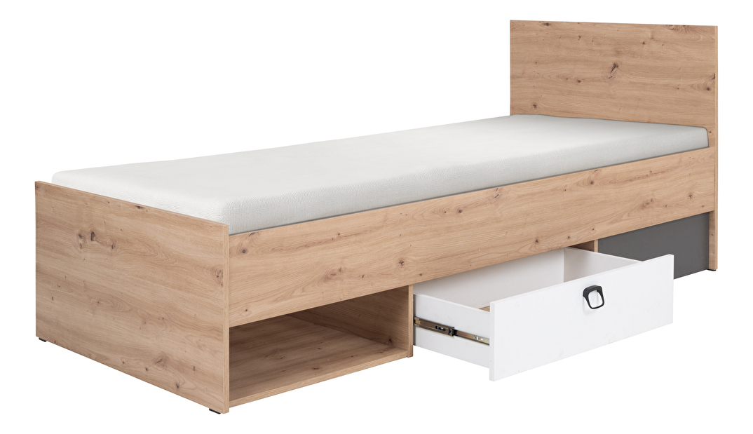 Jednostruki krevet 90x200 cm Kevyt 11 (hrast artisan + bijela + grafit) (s podnicom)
