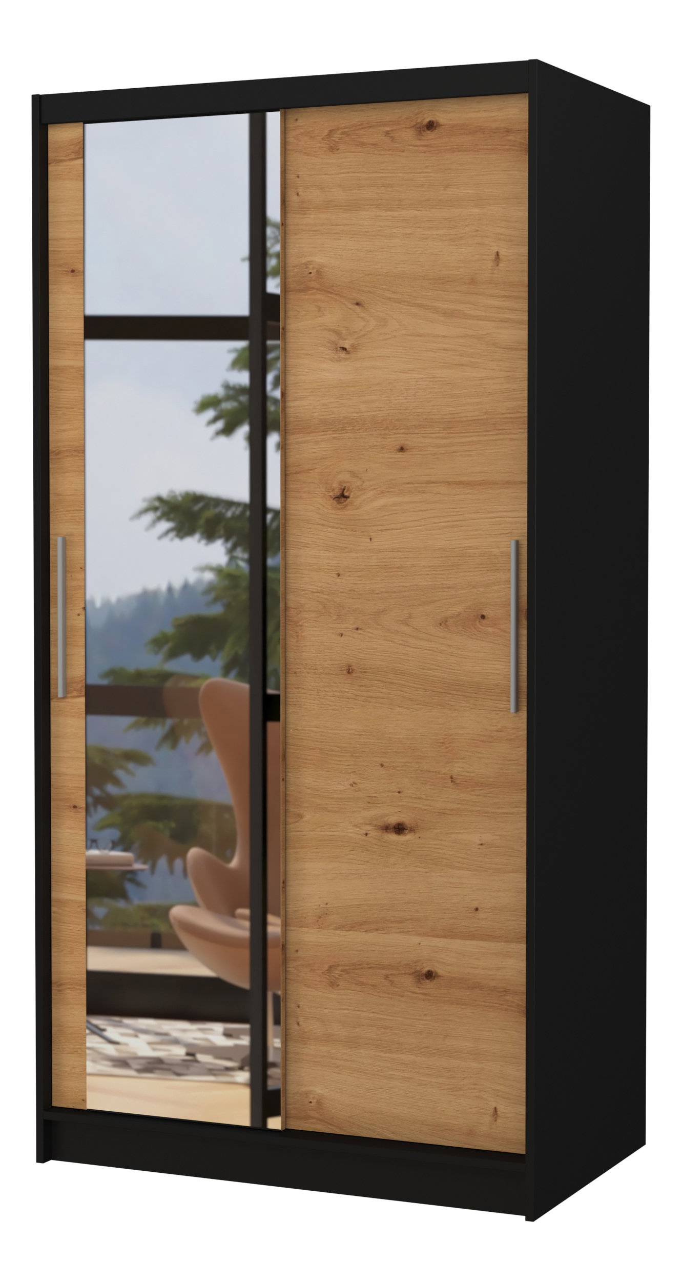 Dulap de haine Beral (Negru + Stejar artisan) (cu oglindă)