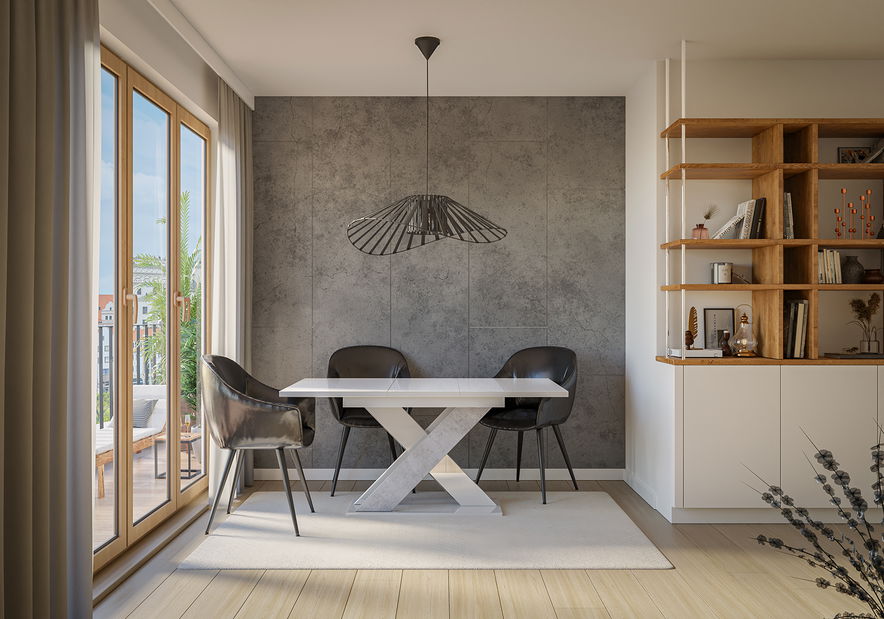 Masă de sufragerie Xalin (alb lucios + piatră) (pentru 4 până la 6 persoane)