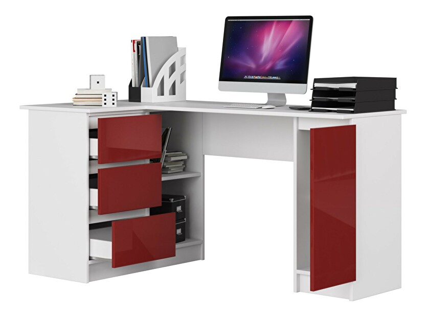 Rohový PC stolík Bevin (červený lesk) (L)