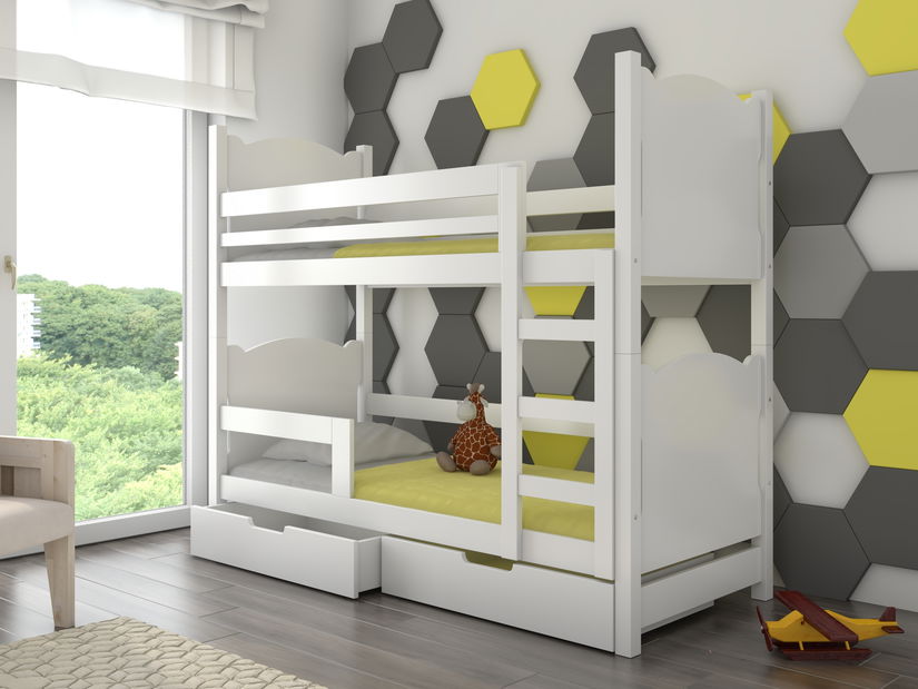 Pat etajat pentru copii 180x75 cm Marryann (cu somieră și saltea) (Alb)