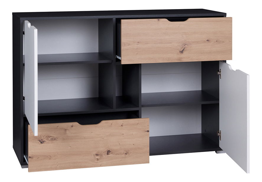 Komoda Iweta K2D2SZ (grafit + biela matná + dub artisan)