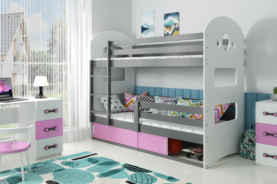 Poschodová posteľ 80 x 160 cm Domur (grafit + ružová) (s roštami, matracmi a úl. priestorom)