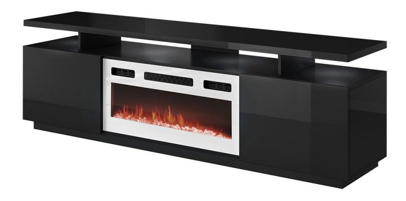 Dulap TV cu șemineu Anaceta (Alb + Negru + lucios negru) (cu iluminat LED)