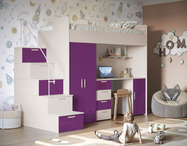 Pat pentru copii Ruby IV S (cașmir + violet lucios) (cu somiere)