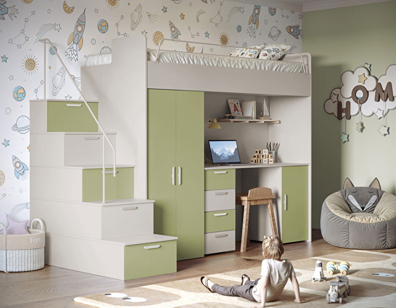 Pat pentru copii Ruby IV S (cașmir + verde măslin) (cu somiere)