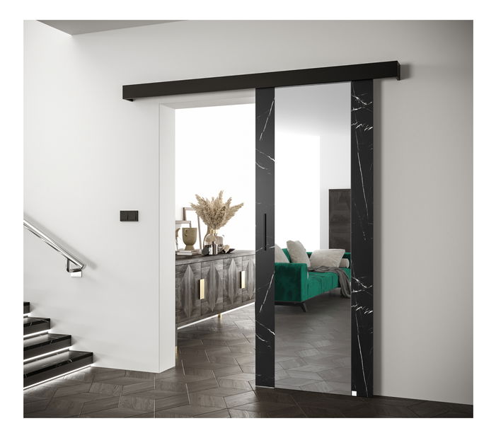 Tolóajtó 90 cm Sharlene II (fekete márvány + matt fekete + fekete) (tükörrel)