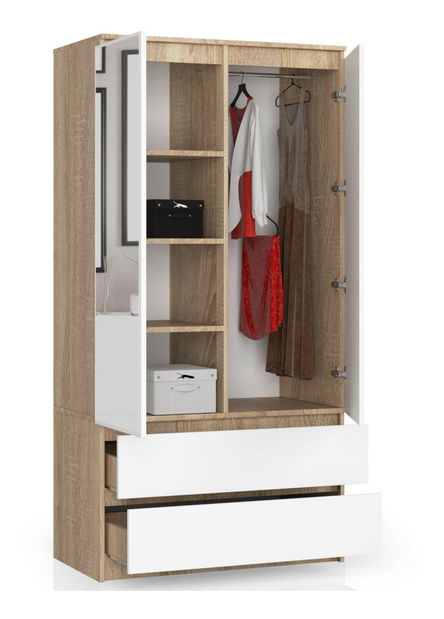 Šatníková skriňa Safwan II (dub sonoma + biela) (so zrkadlom)