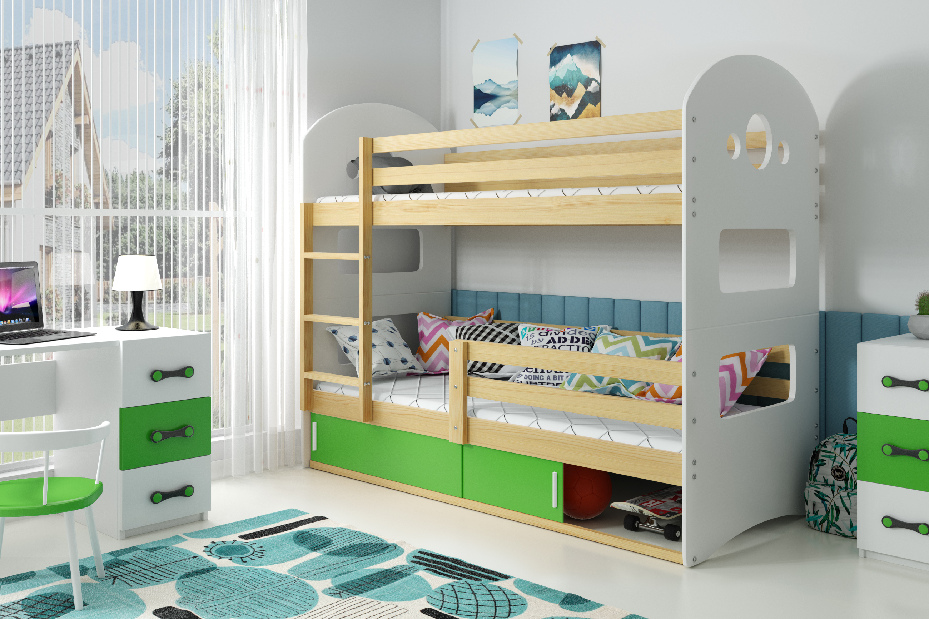 Poschodová posteľ 80 x 190 cm Domur (borovica + zelená) (s roštami, matracmi a úl. priestorom)