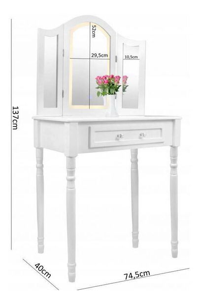 Fésülkődőasztal zsámollyal Tudor (LED világítással) (fehér)