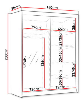 Dulap de haine cu uși culisante Hyzron III 150 (Alb + auriu) (cu oglindă)