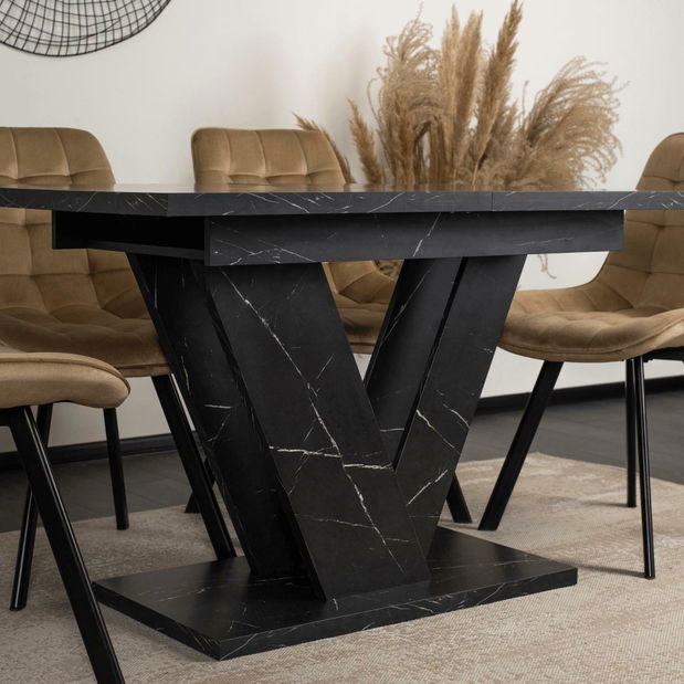 Blagovaonski stol na razvlačenje Comentado (crni mramor + zlatna) (za 4 do 6 osoba)