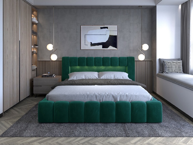 Manželská posteľ 140 cm Luxa (tmavozelená) (s roštom, úl. priestorom a LED)