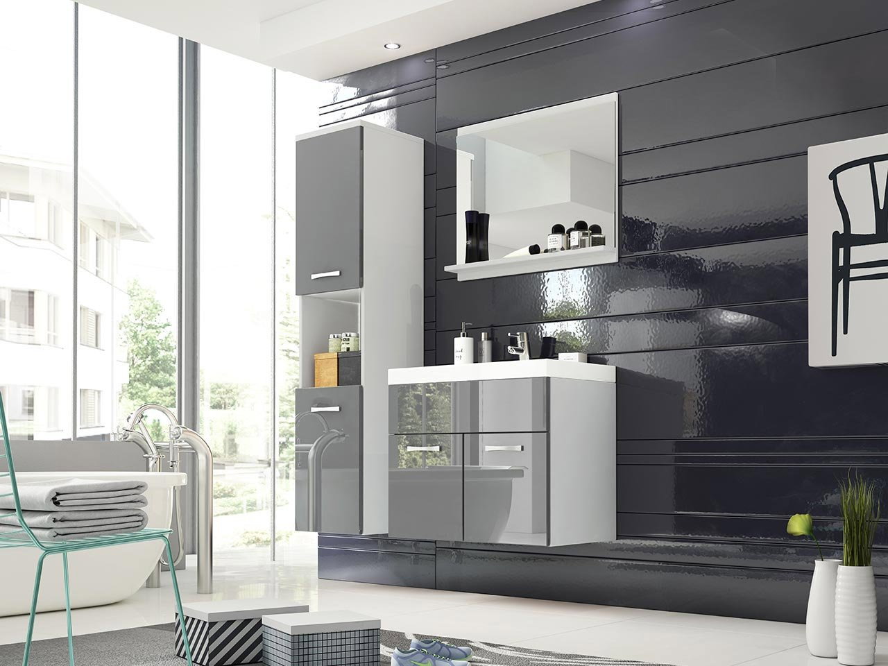 Kúpelňový nábytok Florena (biela + sivý lesk)