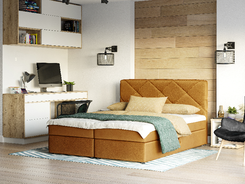 Kontinentálna posteľ 180x200 cm Karum (horčicová) (s roštom a matracom)