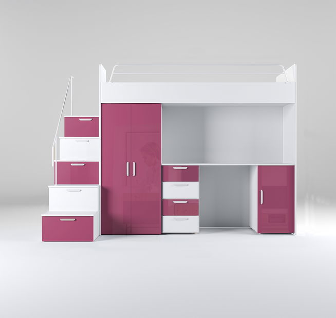 Detská posteľ Ruby IV S (Biela + Ružová) (s roštami)