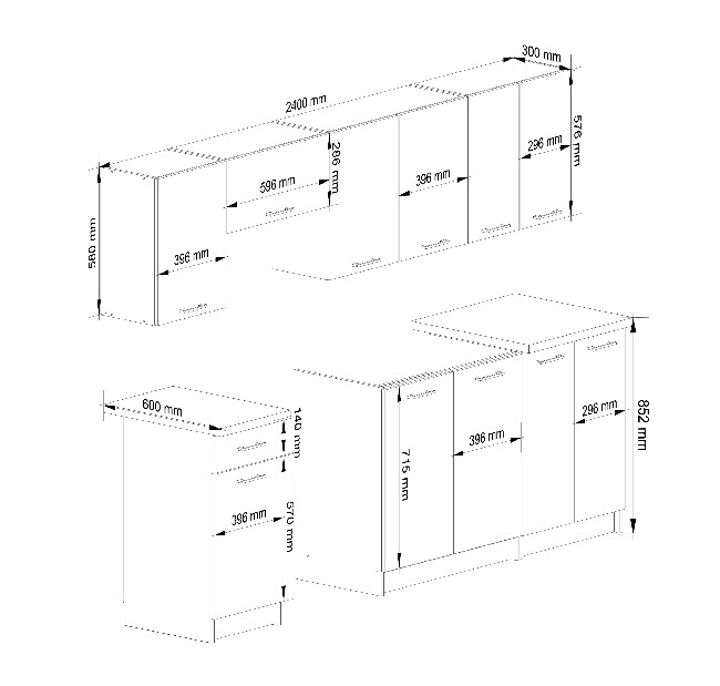 Set de bucătărie 240 cm Ozara II (Alb + beton)