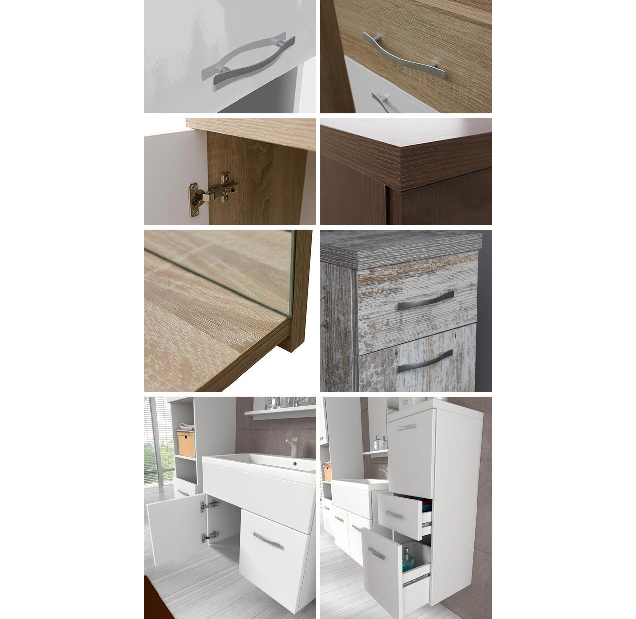 Fürdőszoba bútor Lunara (wotan tölgy + fényes fehér + wotan tölgy) (szifonnal, csap nélkül)