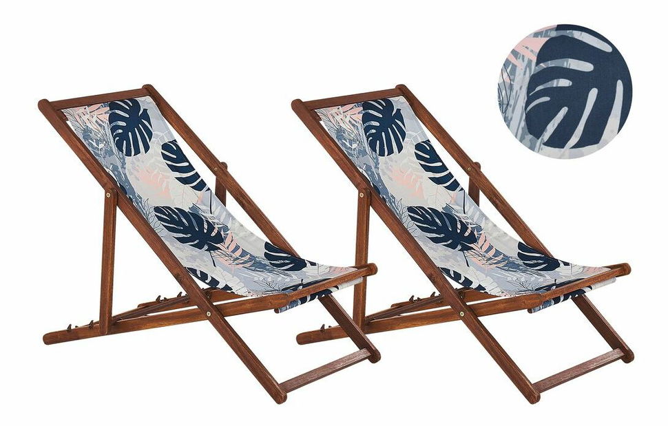 Set 2 ks záhradných lehátok s náhradnými poťahmi Antio (modré listy)