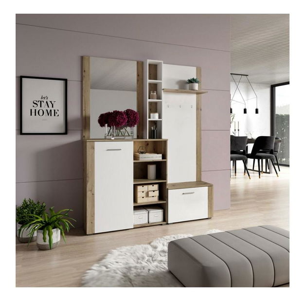 Set mobilier hol Fulgores (stejar artisan + alb) (cu oglindă)
