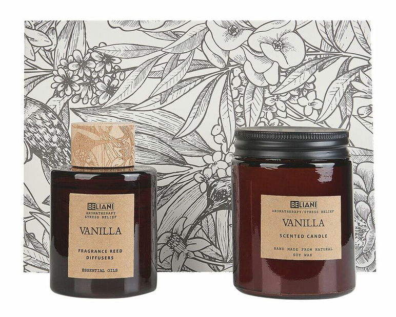 Sviečka zo sójového vosku a difuzér s tyčinkami s vôňou vanilky Ember (hnedá)