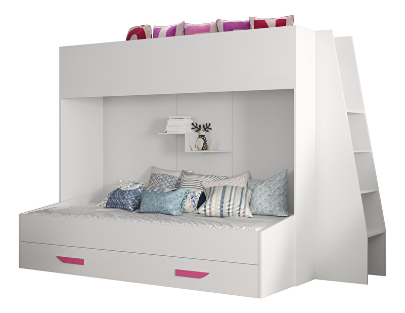Dječji kombinirani krevet 90 cm Puro 17 (bijela mat + bijeli sjaj + ružičaste ručke)