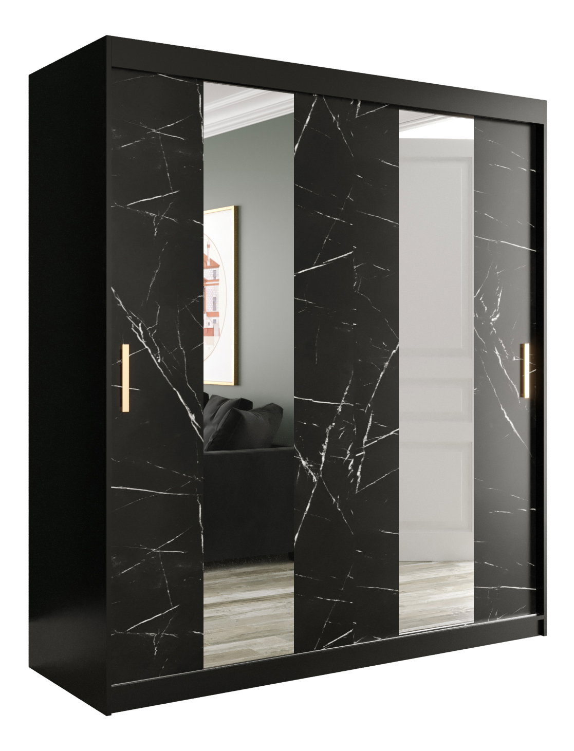 Ruhásszekrény 180 cm Marbelo P (matt fekete + fekete márvány)