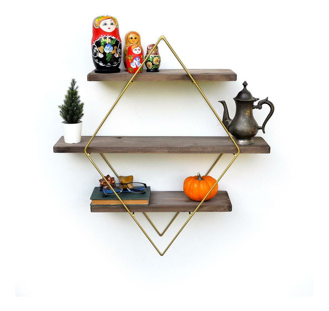 Dekoratívna nástenná polica Duvelo 8 (orech + zlatá) 