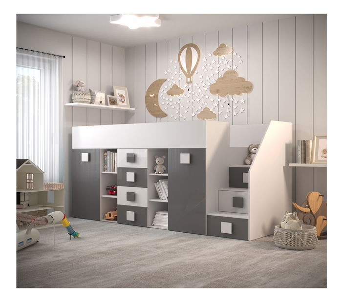 Pat multifuncțional 90 cm Toreno 3 (Alb + alb lucios + gri lucios) (D)