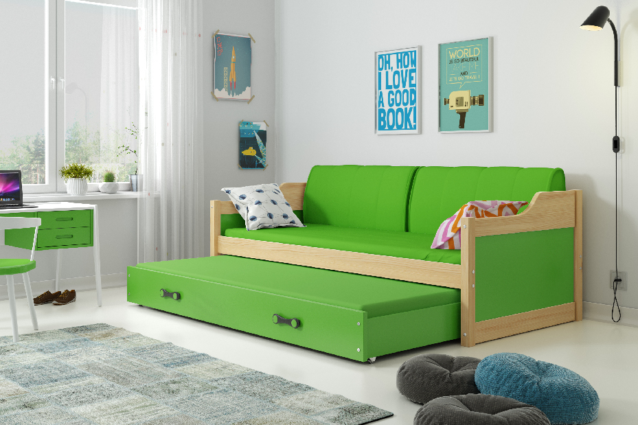 Rozkladacia posteľ 90 x 200 cm Dimar (borovica + zelená) (s roštami, matracmi a úl. priestorom)