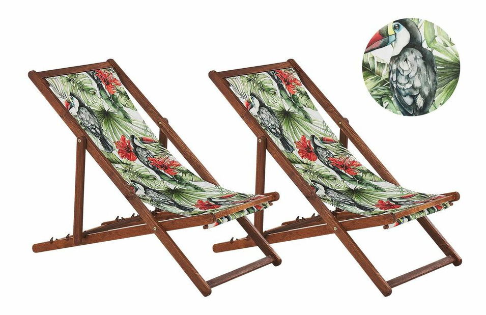 Set 2 ks záhradných lehátok s náhradnými poťahmi Antio (svetlé akáciové drevo + viacfarebná)