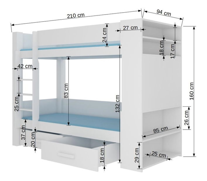 Dječji krevet na kat 180x80 cm Gabriela (s podnicom i madracem) (bijela + tartuf)