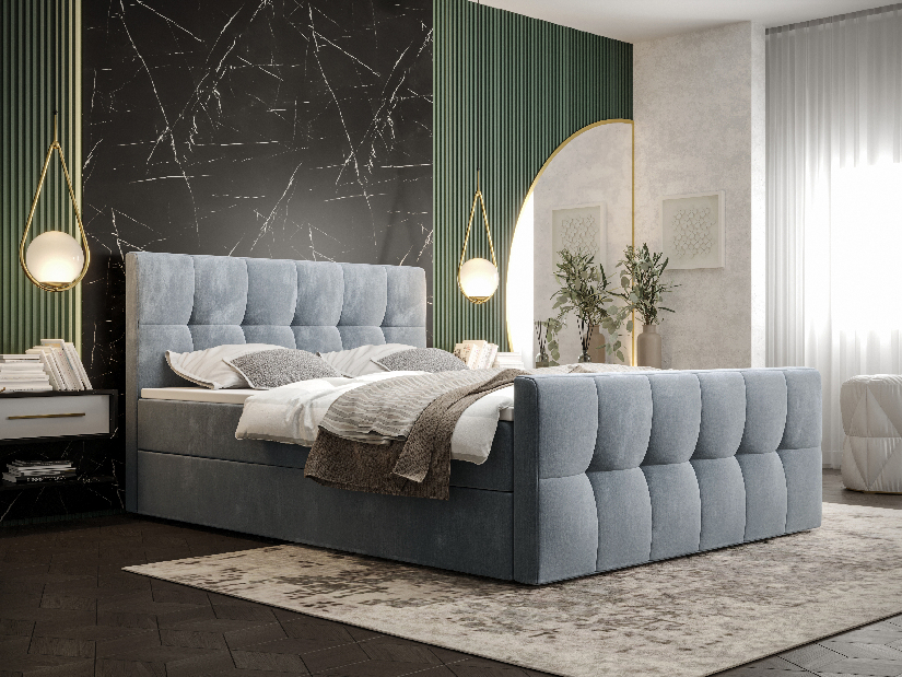 Manželská posteľ Boxspring 140 cm Macheta Comfort (svetlomodrá) (s matracom a úložným priestorom)