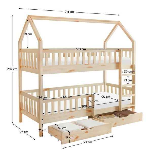 Dječji krevet na kat 90 cm Tempo Kondela -Virtuoso (prirodna) (sa podnicom) (sa prostorom za odlaganje)