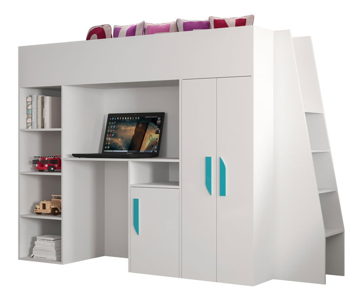 Pat pentru copii combinat 90 cm Puro 15 (alb mat + alb lucios + mânere Turcoaz)