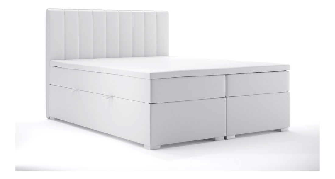 Pat matrimonial Boxspring 180 cm Ranaly (alb piele ecologică) (cu sp. depozitare)