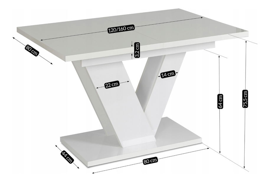 Masă sufragerie extensibilă Comentado (alb lucios) (pentru 4-6 persoane)