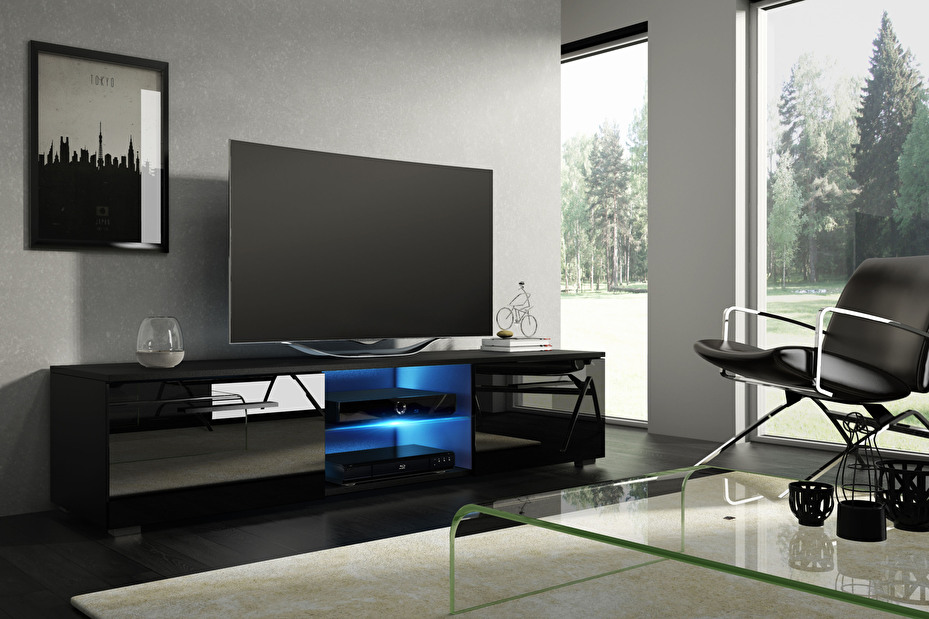 TV stolík/skrinka Mona 140 (čierna + lesk čierny) *výpredaj