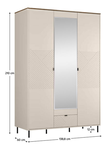 Šatníková skriňa Explicaba 3D1S (kašmír + dub castello) (so zrkadlom)