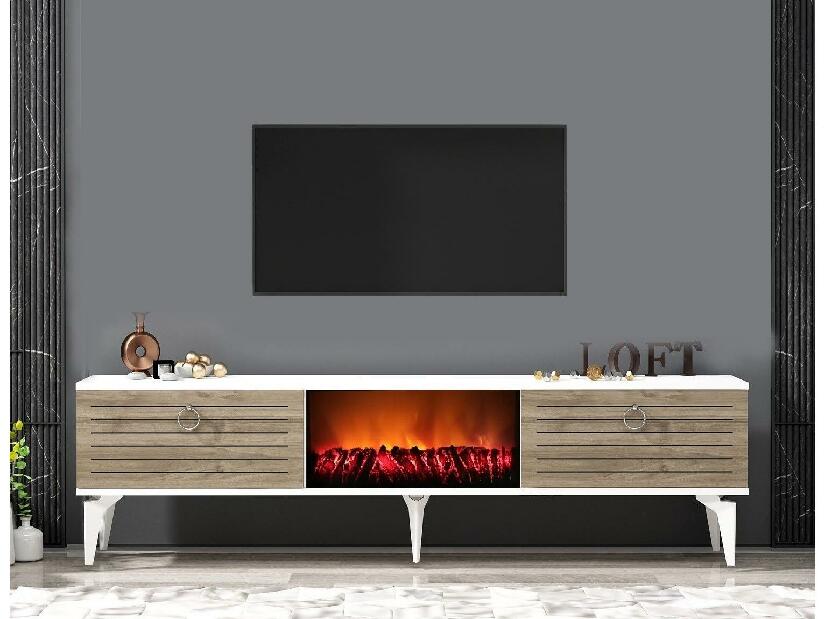 TV asztal/szekrény kandallóval Sulotu 2 (fehér + dió) 