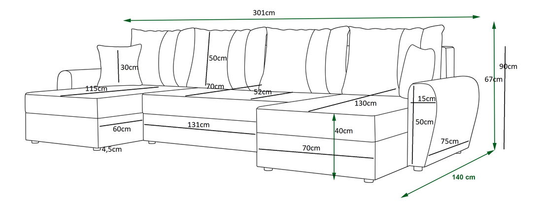Kutna garnitura u obliku slova U Daven U (crna + siva)