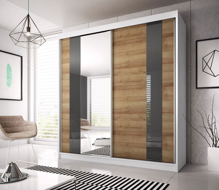Dulap de haine Mebur 39 200 (alb + stejar riviera auriu + sticlă grafit + Oglindă)
