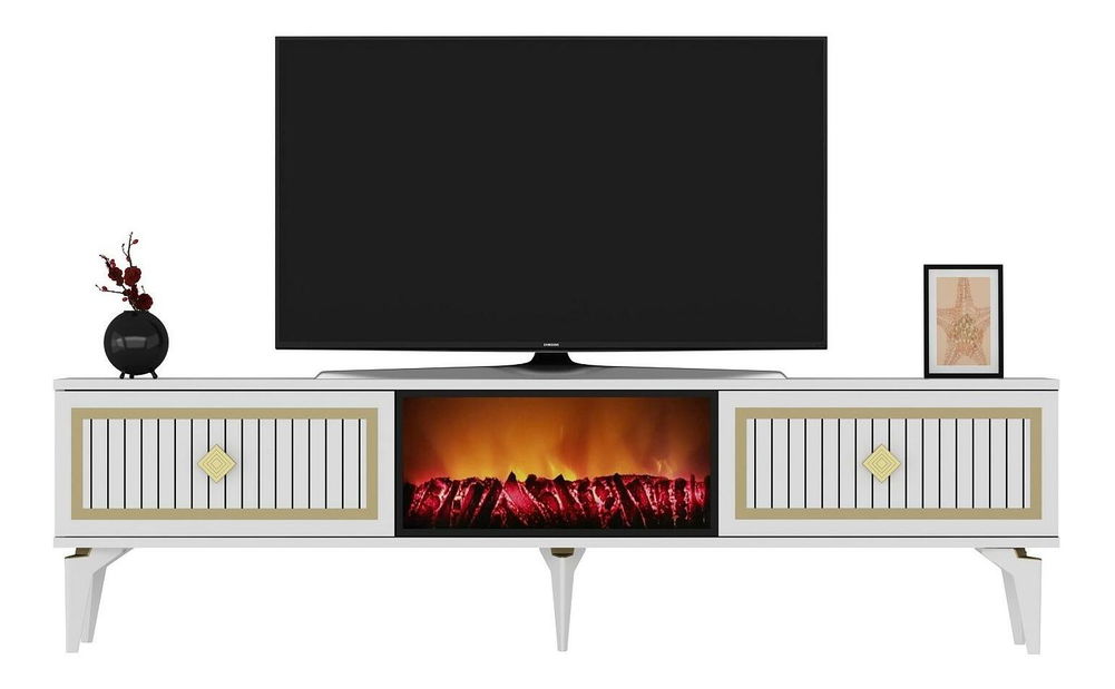 TV stolík/skrinka s krbom Kebive (biela + zlatá) 