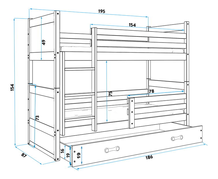 Krevet na kat 80 x 190 cm Ronnie B (bijela + plava) (s podnicom, madracem i prostorom za odlaganje)