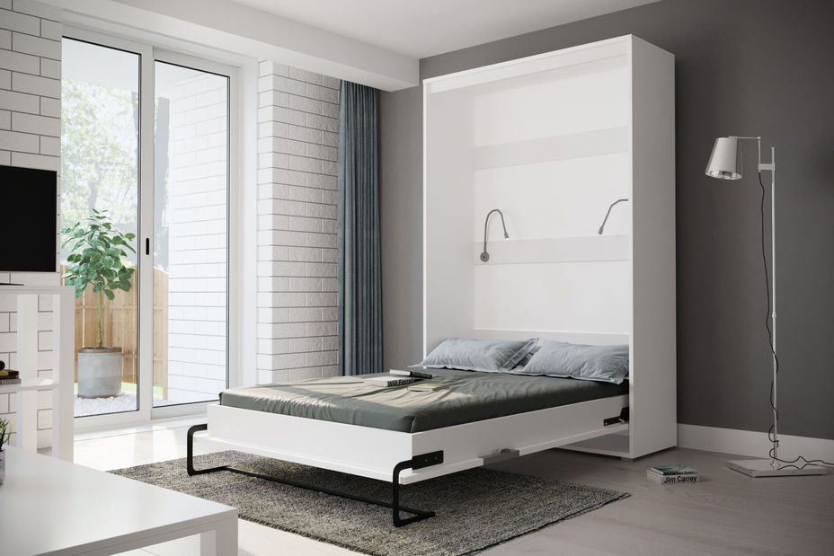 Lenyitható szekrényágy 140 Homer (matt fehér + fényes fekete (vertikális) (világítással)