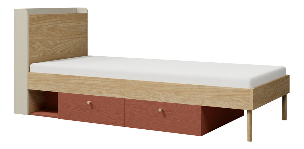 Jednolôžková posteľ 90x200 cm Yoda 13 (svetlobéžová + dub olejovaný + korálová) (P)