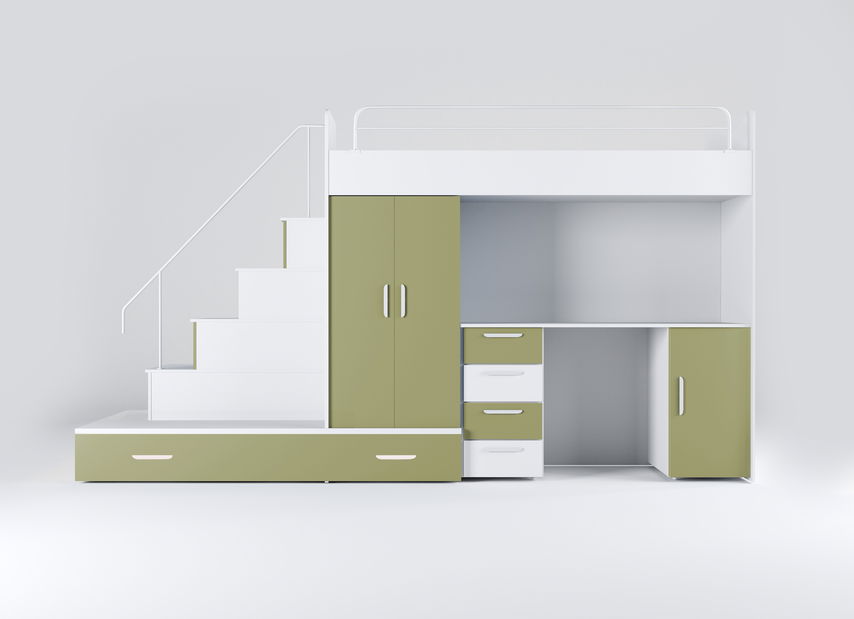 Detská posteľ Ruby V (biela + olivová) (s roštami)